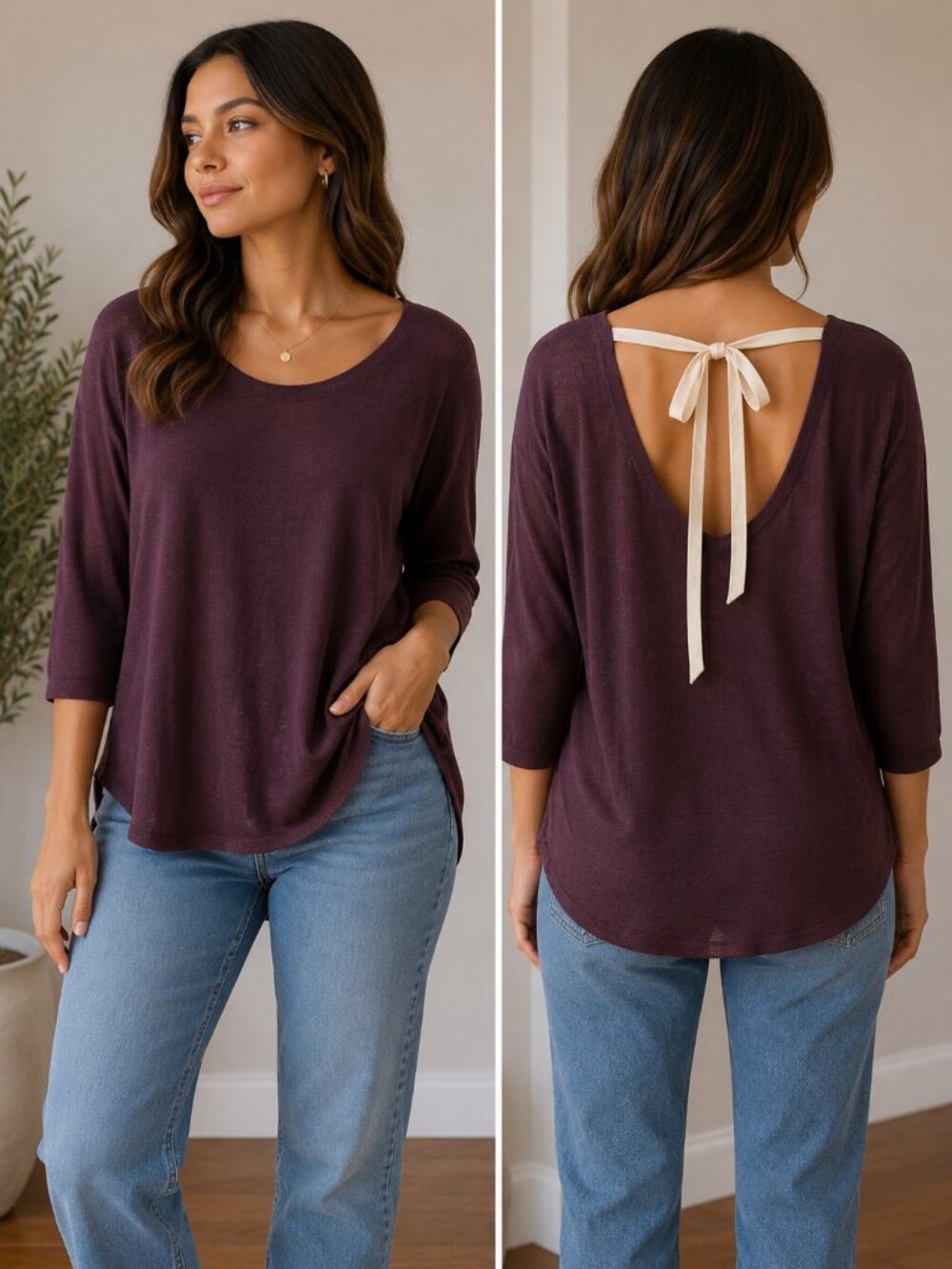 Babaton Deep Plum Long Sleeve Scoop Neck Tunic